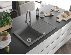 Mexen Bruno, 1 kamrás gránit mosogató 795x495x200 mm és Elia mosogató csaptelep, szürke, 6513-71-670101-71