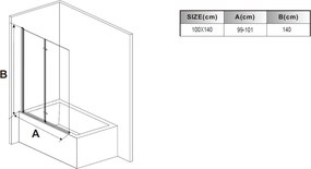 Stuxi Ravenna Black 100x140 összecsukható 2 szárnyú kádparaván 6 mm vastag vízlepergető biztonsági üveggel, fekete elemekkel