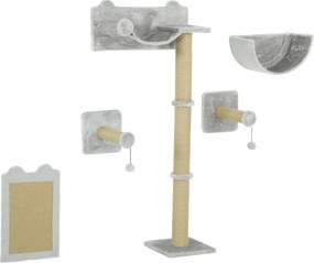 PawHut Macska Mászófal 5 darabos Szett Kaparóoszlopokkal, Hintaágytálcával, Ugráló Fennsíkon, Fali Kaparóoszloppal, Mászó Macskabútor 5 kg-ig, Világos