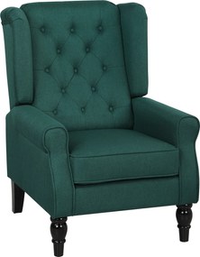 HOMCOM szárnyas karfás fotel, gombvarrott magas háttámlával és párnával, eukaliptuszfa lábak, sötétzöld | Aosom