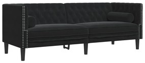 3 személyes fekete bársony Chesterfield kanapé hengerpárnákkal