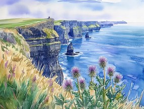 Vászonkép Canvas Akvarell Sziklák Mohair Írország Tenger Rét 100x75