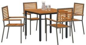 5 darabos kerti étkező szett szürke poli rattan akáccal, összecsukható kerti székek párnákkal 2 db szürke poli rattan, kerti asztal 90x90x75 cm szilárd akácfából és fémből