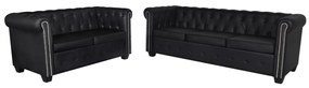 2 személyes és 3 személyes fekete műbőr Chesterfield kanapé