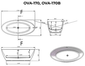 OVAL szabadon álló fürdőkád, fekete-fehér, 170x80x58 cm