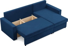 Zeus sarokkanapé, 2 ágyneműtartóval, egyenes kartámasz, bársony, univerzális oldal, bonell töltet, kék