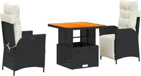 vidaXL 3 részes fekete polyrattan kerti étkezőgarnitúra párnákkal