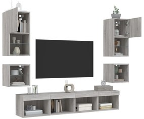 8 darab szürke sonoma színű szerelt fa fali TV-bútor LED-del