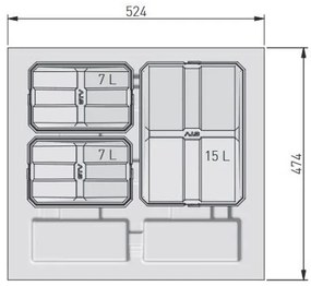 Hulladékgyűjtő AxiSpace 600mm, mozgatórendszer nélkül, 1x15L, 2x7L edényekkel, tálcával, fedelekkel