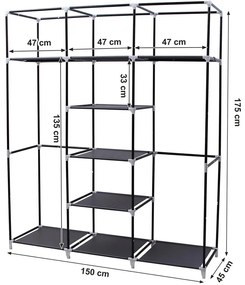 Mobil gardrób,szövetszekrény, összecsukható gardrób függesztő sínnel, fekete