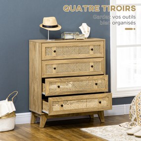 HOMCOM 4-fiókos Tárolószekrény Rattan Fonott Előlappal 80 x 35 x 95 cm Világos Fa Felülettel | Aosom