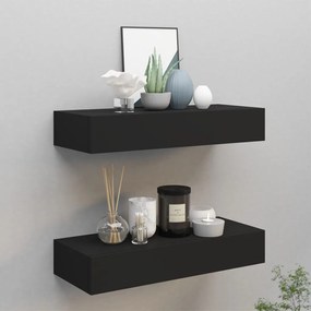 2 db fekete MDF falra szerelhető fiókos polc 60 x 23,5 x 10 cm