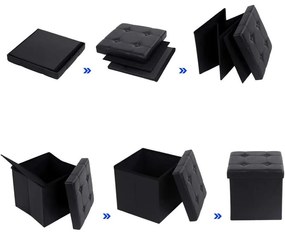 Összecsukható műbőr puff tárolóval, fekete, 38x38x38 cm