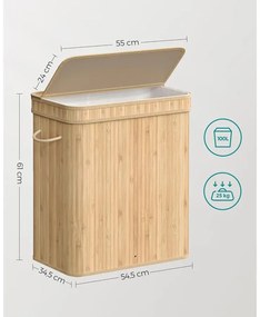 SONGMICS Ruháskosár fedéllel, 100 L-es bambusz szennyestartó