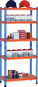 HOMCOM Fém Tárolószekrény 80x40x182 cm 5 Állítható Polccal, Polconként 300 kg Teherbírással Raktárba, Garázsba, Műhelybe Kék és Narancs | Aosom