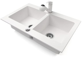 Gránit mosogatótálca NERO Verso + kihúzható zuhanyfejes Shower csaptelep + dugókiemelő (fehér)