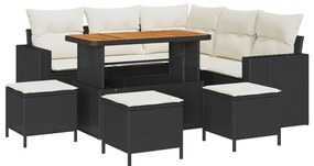 8 Részes Kerti Kanapé Szett Párnákkal Fekete Poly Rattan Akácia, 3 Részes Kerti Étkező Szett Párnákkal Fekete Poly Rattan Akácia