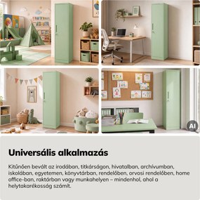 Keskeny fém irodai iratszekrény, pasztellzöld, 450x1850x400 mm: ALEX Fresh Style