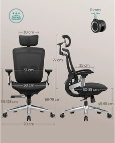 SONGMICS Ergonomikus szék, állítható, dönthető irodai szék, fekete