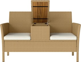 Outsunny 2 szemes Rattan és Acél Kerti Pad Párnákkal és Összecsukható Asztallal Rejtett Tárolóhellyel, Kültéri Kanapé, 134x58x82 cm, Krém és Khaki | A