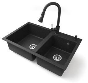 Gránit mosogatótálca NERO Palazzo + kihúzható zuhanyfejes Snake csaptelep + adagoló (fekete)