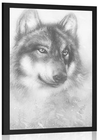 Poszter egy farkas havas tájon, fekete-fehérben