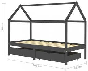 fiókos sötétszürke tömör fenyőfa gyerekágykeret 90 x 200 cm