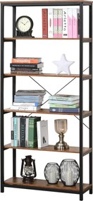 HOMCOM Ipari Stílusú Retro Könyvespolc 6 Nyitott Polccal Könyvekhez és Felborulás Elleni Rendszerrel, Tárolás a Nappaliban és Irodában 80x30x180 cm Ru