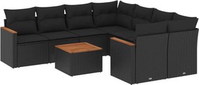 vidaXL 9 részes fekete polyrattan kerti ülőgarnitúra párnákkal