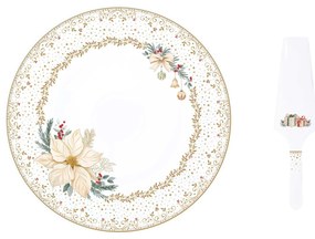 Karácsonyi porcelán tortaál lapáttal Ø 32 cm díszdobozban fehér arany mikulásvirág White Elegance