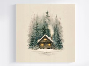 Vászonkép Canvas Tájkép Erdő Ház Kunyhó Tél Hó Este Retro 80x80