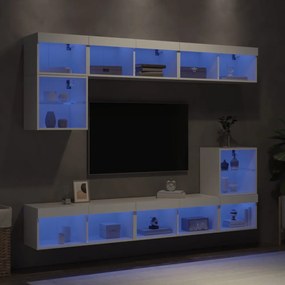 8 darab fehér szerelt fa fali TV-bútor LED-del