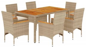 7 részes bézs polyrattan/akácfa kerti étkezőgarnitúra párnákkal