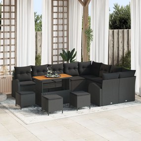 12 darabos Kert Kanapé Szett Párnákkal Fekete Poli Rattan Akác, 2 Fős Kert Kanapé Tárolóval és Párnákkal Fekete Poli Rattan, 3 Darabos Kert Étkező Szett Párnákkal Fekete Poli Rattan Akác