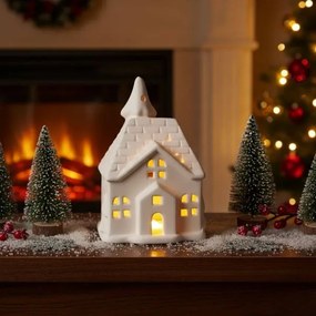 Porcelán házikó ledes világítással - 9,3x7,2x6,4 cm - fehér