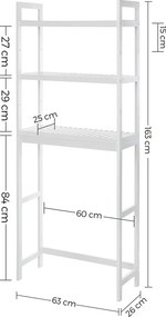 Mosógép feletti tárolószekrény, bambusz fürdőszoba szekrény, fehér 63x26x163cm