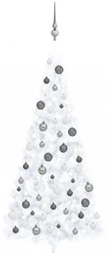 Fehér fél műkarácsonyfa LED-ekkel és gömbszettel 240 cm