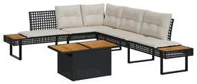 2 részes fekete polyrattan/akácfa kerti kanapészett párnákkal