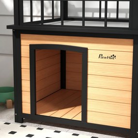 PawHut Kutyaház tetőterasszal, időjárásálló, fa, fekete-sárga
