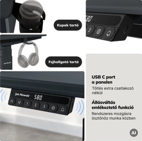 Elektromos íróasztal magasságállítással ergonomikus antracit,1600x800 mm: ARIA