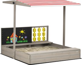 Outsunny Fa Homokozó Gyerekeknek 3-7 Éveseknek Állítható Nem Szőtt Anyagú Tetővel, 2 Személyes Pad, Krétatábla és Játékok a Teraszra, Kertbe 114x113x1