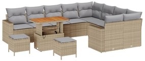 12 darabos Kerti Sofa Szett Párnákkal Bézs Poli Rattan Akácia, 3 darabos Kerti Étkező Szett Párnákkal Bézs Poli Rattan Akácia