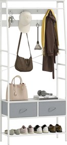 HOMCOM Fali Akasztó és Cipőtartó Rack 8 Akasztóval, 2 Szövet Fiókkal, Háló Polccal Ipari Stílus, 80x30x180.5 cm - Fehér | Aosom