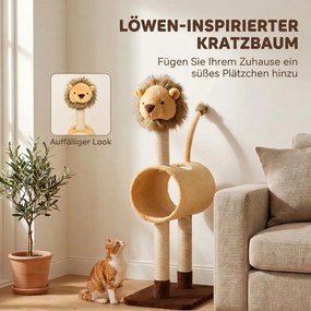 PawHut kaparófa 104 cm oroszlán mintával, alagúttal, lógó farokkal, 7 kg-ig, világosbarna