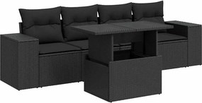 vidaXL 5 részes fekete polyrattan kerti kanapészett párnákkal