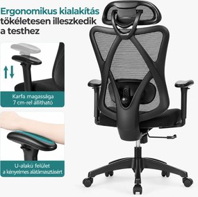 Irodai szék, hálós szék, állítható deréktámasz és fejtámla, fekete