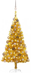 Aranyszínű PET műkarácsonyfa LED-ekkel és gömbszettel 150 cm