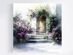 Vászonkép Canvas Ház Terasz Kert Lépcső Virágok Rózsák Nyár 40x40