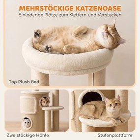 PawHut Kaparófák macskabútor kétszintes kaparóhordóval, platformmal, szizál deszkával, játéklabdával, bézs