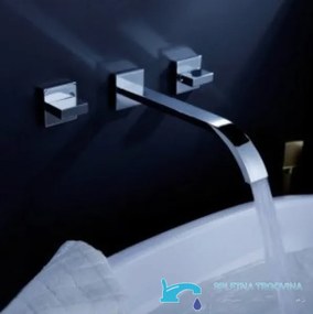 Fali mosdócsaptelep EYN SU5183 két fogantyúval, vízeséses kifolyóval, króm és ezüstszínű kivitelben